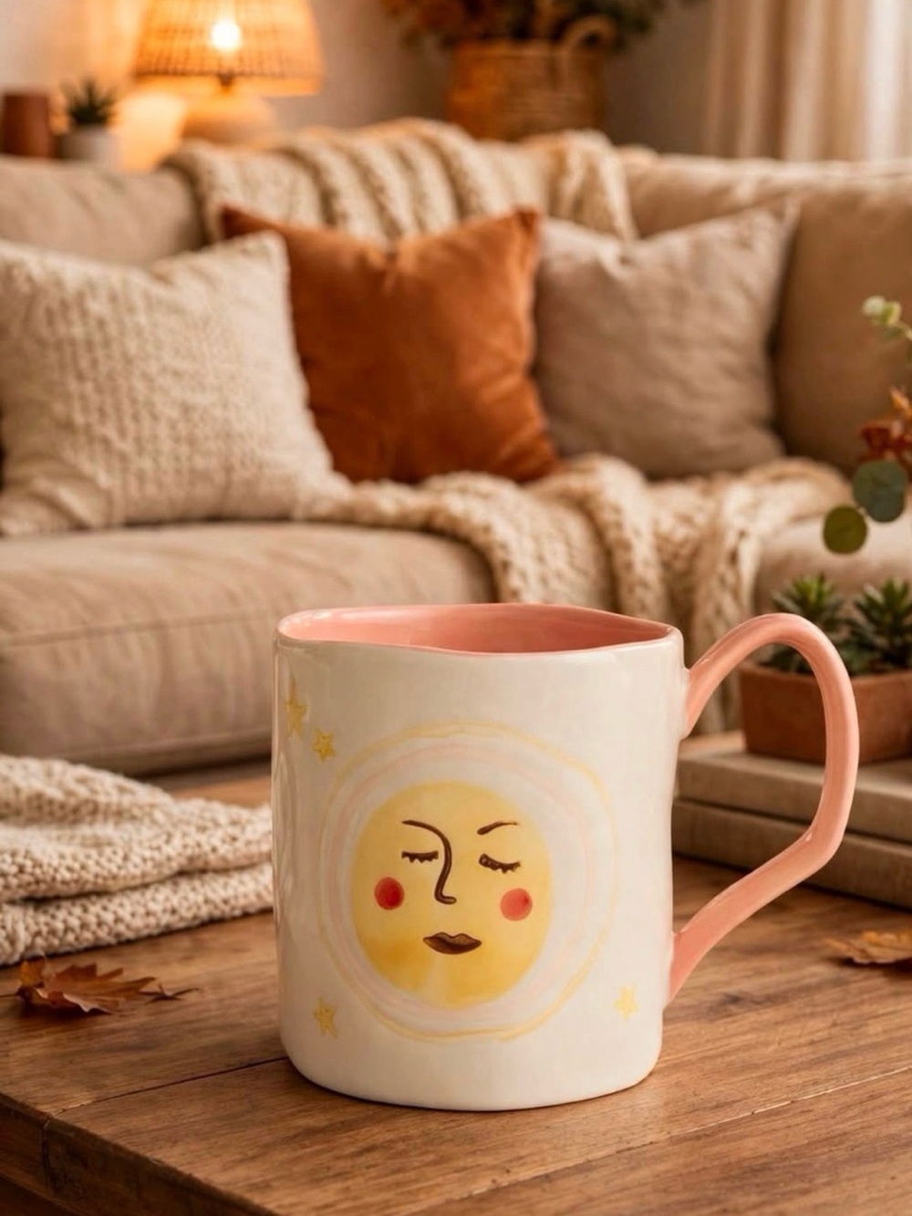 NEW Coral and Yellow Moon & Star Hand Painted Ceramic Mug NWT World Market